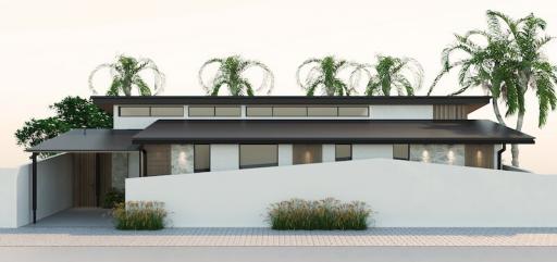 Modern single-story residential home with flat roof and palm trees at dusk