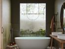 Modern bathroom with a freestanding tub and large window