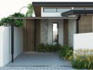 Modern home entrance with clean design and landscaped pathway