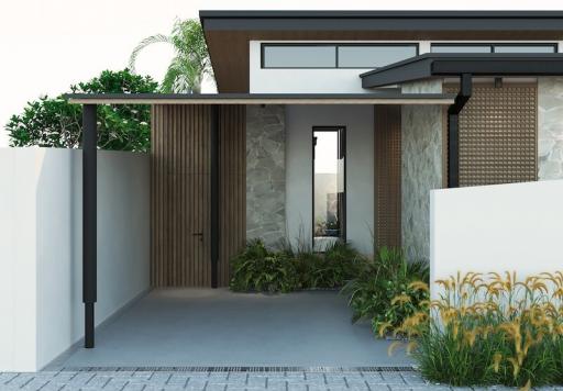 Modern home entrance with clean design and landscaped pathway
