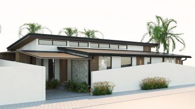 Modern single-family home exterior with flat roof and clean lines