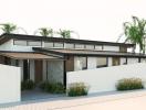 Modern single-family home exterior with flat roof and clean lines