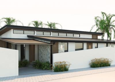 Modern single-family home exterior with flat roof and clean lines