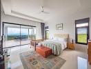 Spacious bedroom with large windows and mountain view