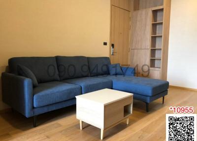 Spacious and modern living room with comfortable blue sofa and wooden furniture