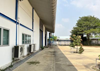 Side view of an industrial building with a long pathway