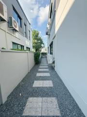 Pathway leading between modern residential buildings with greenery