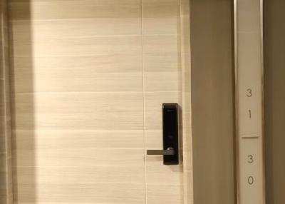 Modern apartment building elevator with digital access panel