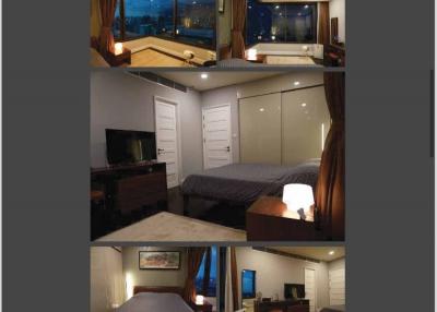 Cozy master bedroom with ambient lighting and night view