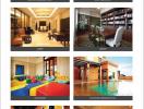 Collage of various facilities including a swimming pool, golf simulation, gym, lobby, library, kids room, bowling alley, private theater, and a fitness center