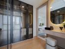 Modern bedroom with mirrored wardrobe and makeup vanity