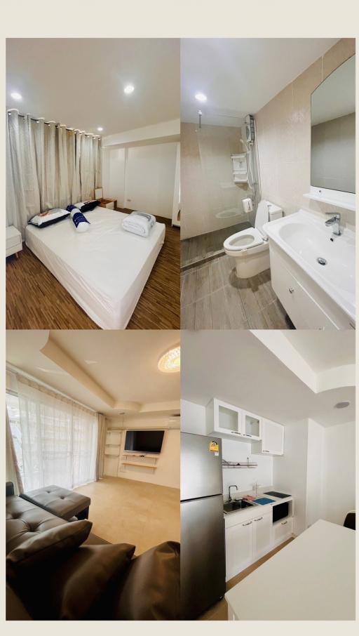 Collage of a well-lit bedroom with bed and linens, a clean bathroom with toilet and sink, a cozy living room with a couch and flat-screen TV, and a modern kitchen with stainless steel appliances