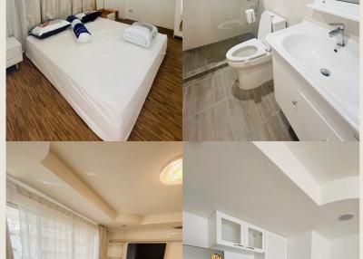 Collage of various rooms including bedroom, bathroom, living room, and kitchen in a home