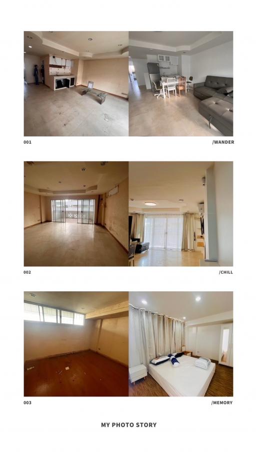 Collage of different interior spaces including a living room, a bedroom and an empty room