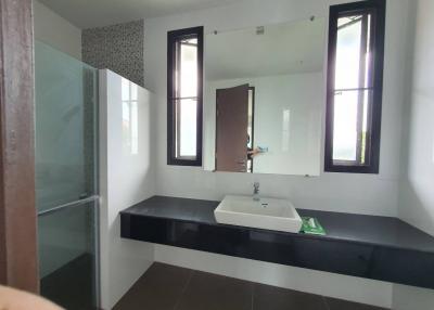 Modern bathroom with glass shower enclosure and dual windows