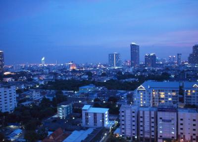 Panoramic cityscape view at twilight from a high-rise building