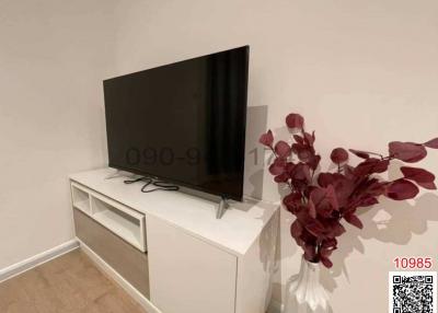 Modern living room with a large flat-screen TV and decorative vase