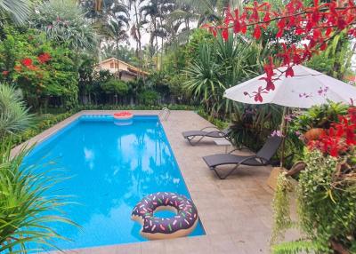 Beautiful outdoor pool area surrounded by lush garden and sun loungers
