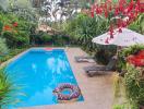 Beautiful outdoor pool area surrounded by lush garden and sun loungers