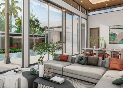 Modern living room with open space to the outdoors, large windows, and contemporary furnishings
