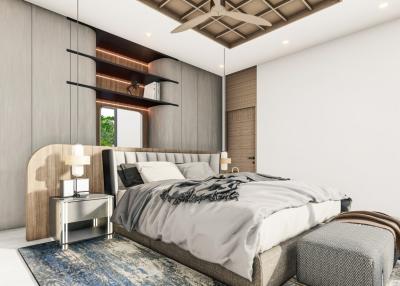 Modern bedroom with a queen-sized bed, elegant furnishings, and decorative ceiling