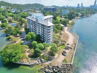 Aerial view of a waterfront residential building surrounded by greenery