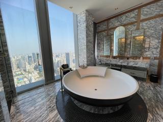 Luxurious bathroom with large bathtub and panoramic city view