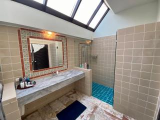 Spacious bathroom with skylight and modern amenities