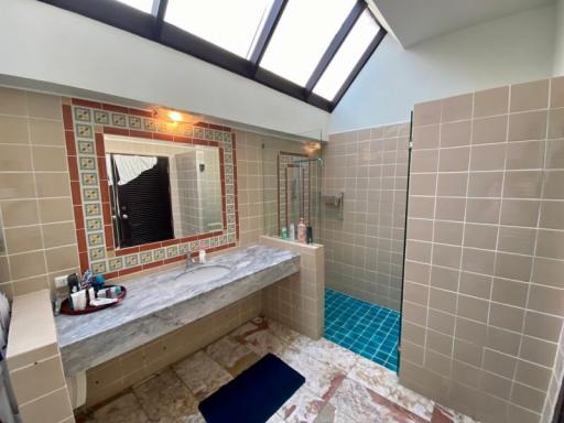 Spacious bathroom with skylight and modern amenities