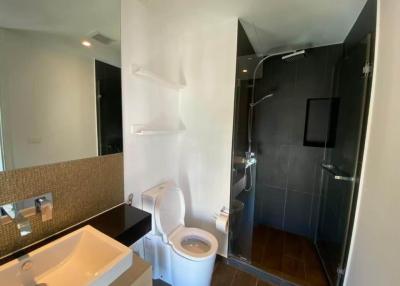 Modern bathroom with dark tiles and walk-in shower