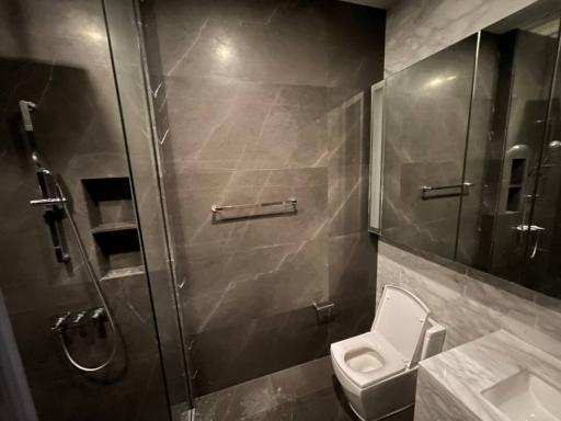 Modern bathroom interior with dark tiles