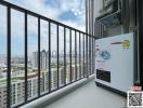 Balcony with city view and air conditioning unit