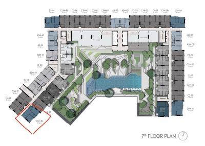 Architectural blueprint of the 7th floor plan with swimming pool and garden areas