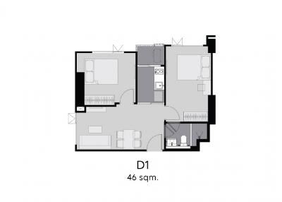 Floor plan of a 46 square meter residential unit with labeled rooms and furniture layout