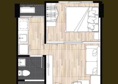 Floor plan of a compact apartment layout with labeled square meters