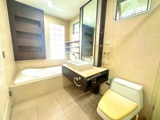 Modern bathroom interior with bathtub and vanity area