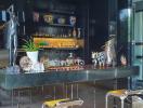 Elegant home bar with modern stools and decorative art pieces