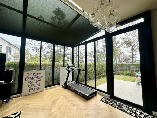 Spacious home gym with large windows and modern treadmill