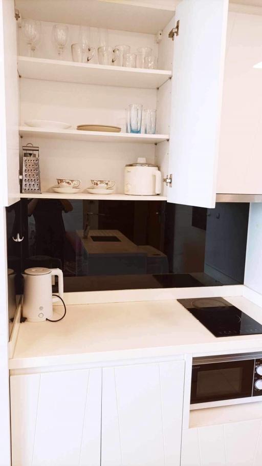 Modern kitchen with white cabinetry and built-in appliances