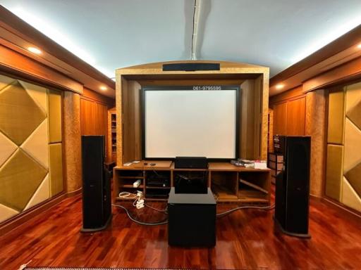 Modern home theater with large screen and acoustic paneling