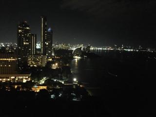 Nighttime panorama of a city skyline with lit buildings and water reflections