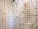 White tiled bathroom with an electric shower and toilet