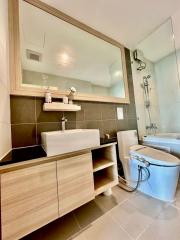 Modern bathroom with shower and vanity