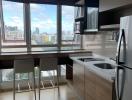 Modern kitchen with city view, stainless steel appliances, and breakfast bar