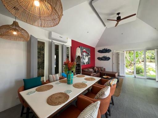 Contemporary dining room with artistic decor and vaulted ceiling