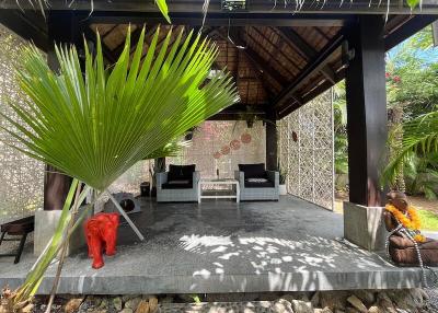 Spacious outdoor living area with tropical vibe, comfortable seating and natural shade
