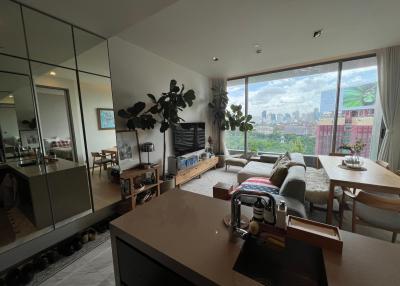 Spacious living room with city view and modern interior
