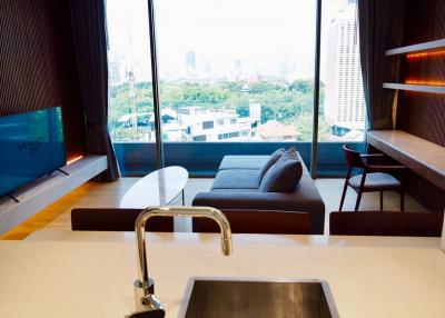 Modern living room with city skyline view