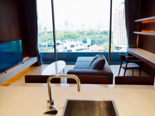 Modern living room with city skyline view