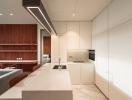 Modern kitchen with integrated appliances and marble flooring